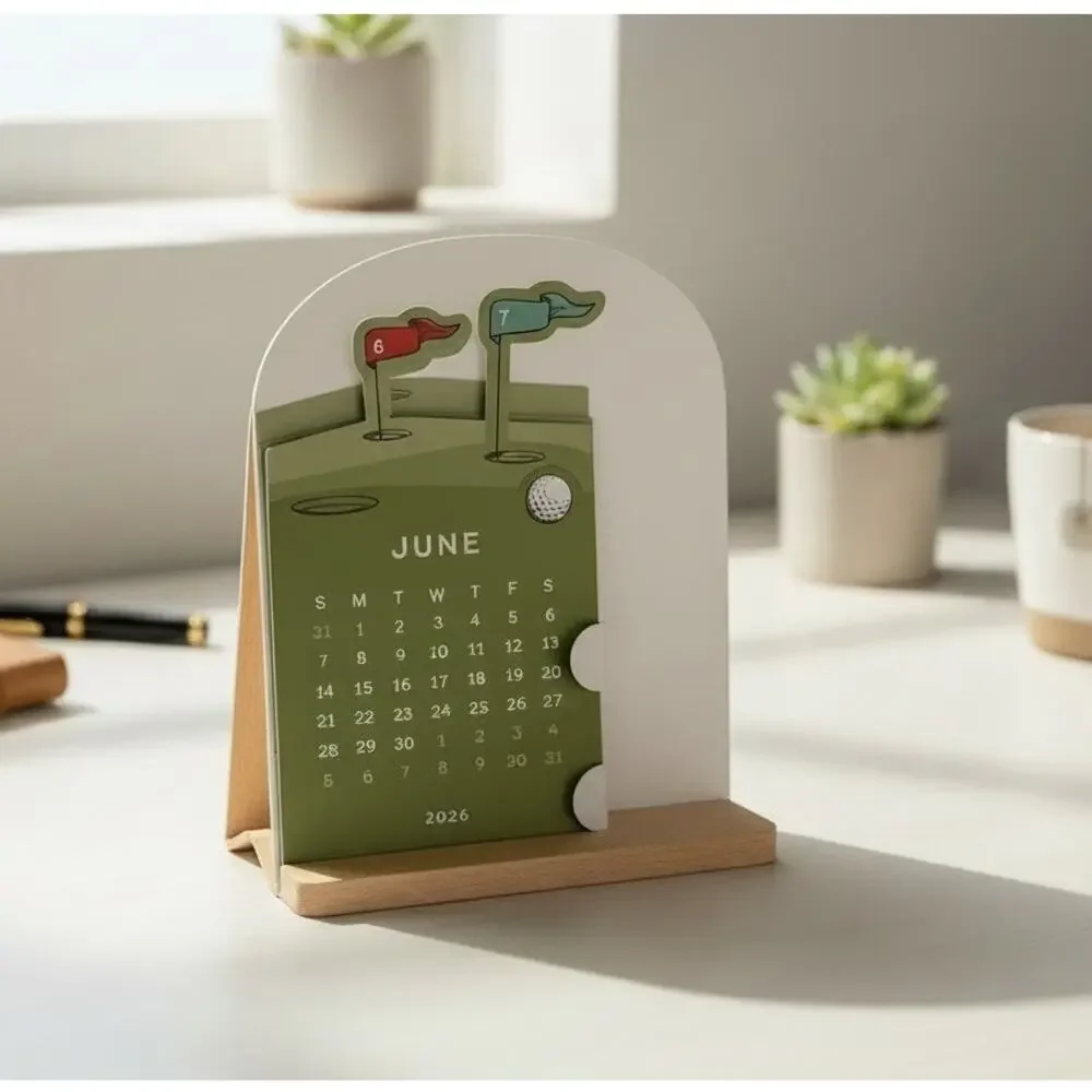 12 Month Golf Desktop Calendar with Wood Stand June 2026 to May 2027 NIB